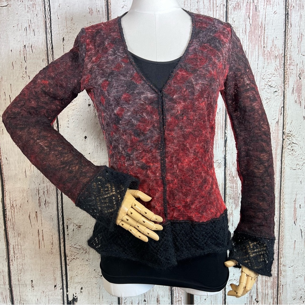 Roberta Scarpa Virgin Wool Mohair Knit Lace Trim Cardigan Fitted Sweater Size 12 - Picture 3 of 16